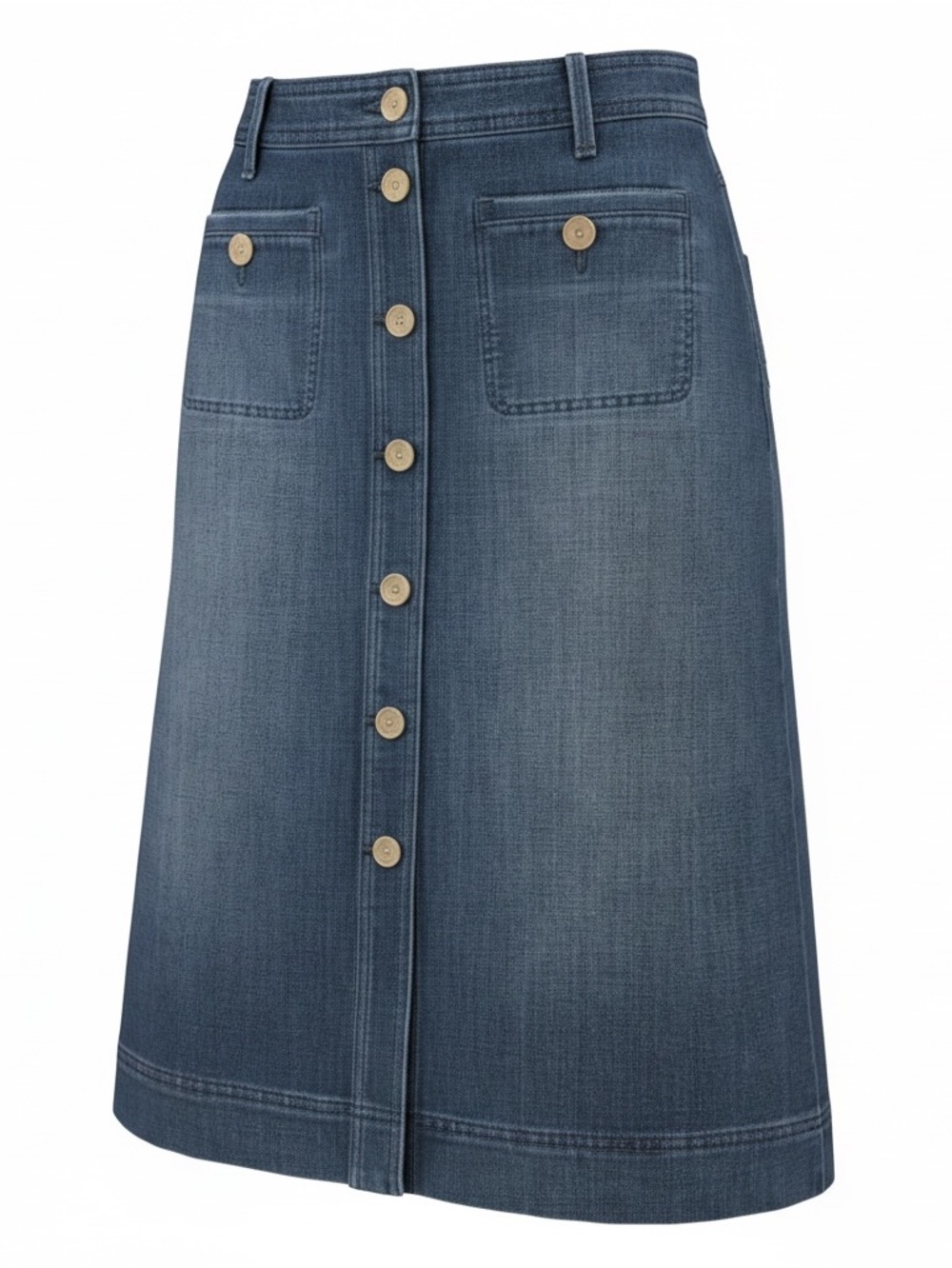 Talbots Mid-Length Button-Front Denim Skirt in Blue